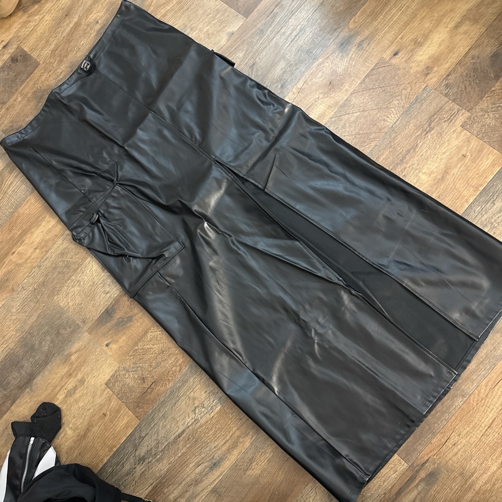 Black leather maxi skirt with slit